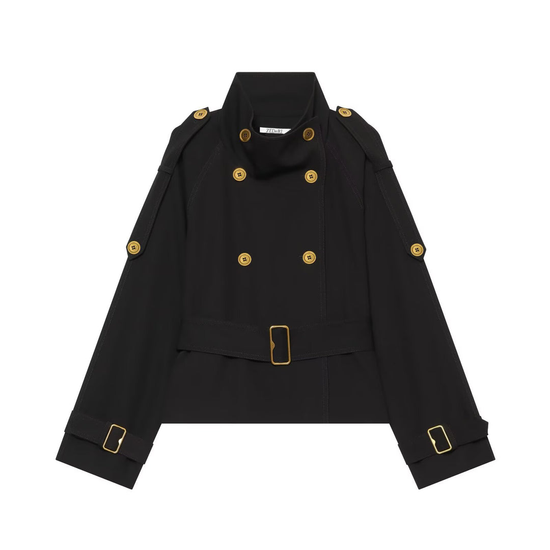 Damen Kurze Trenchjacke mit doppelreihiger Knopfleiste und Taillengürtel Drune
