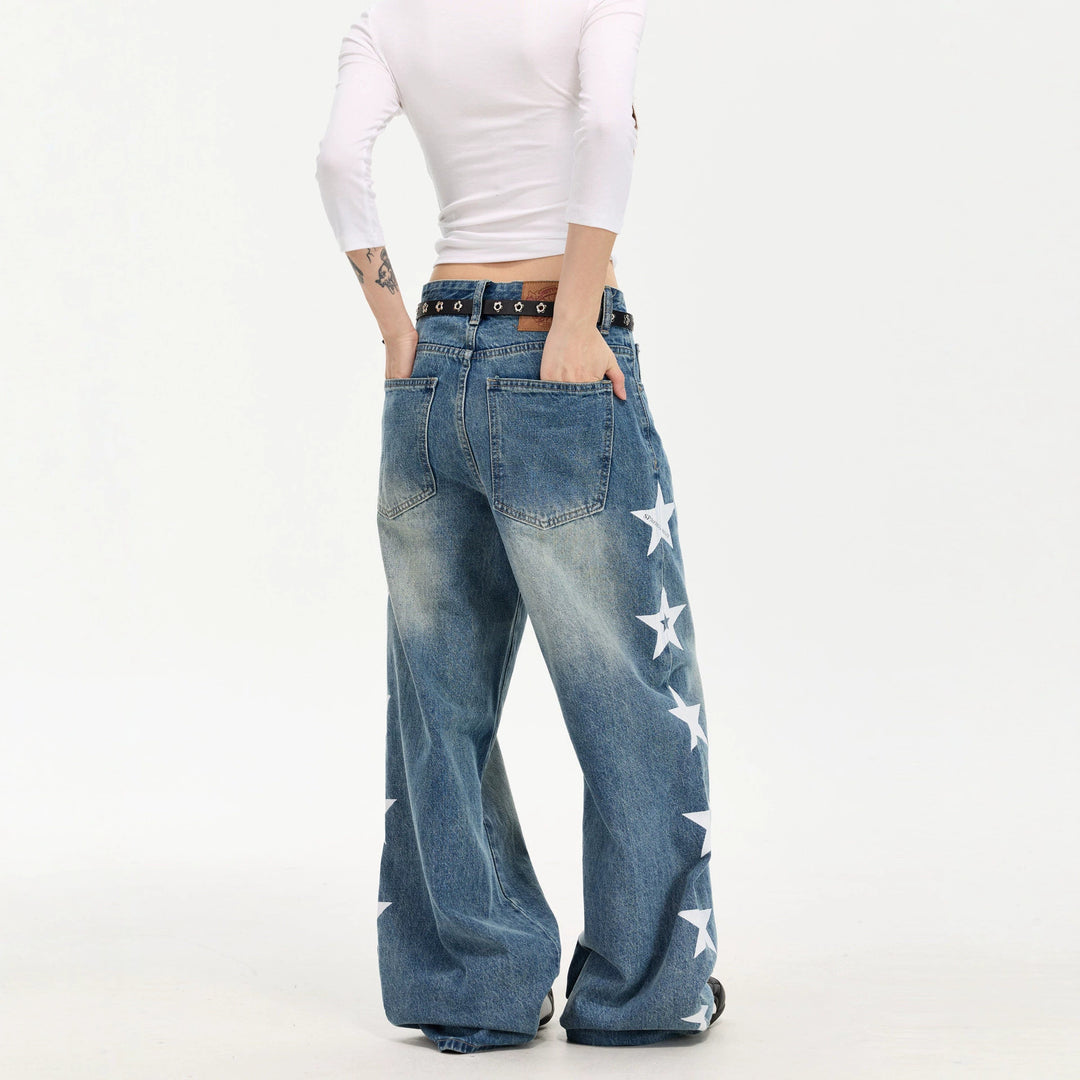 Damen Modische Weitgeschnittene Jeans mit Sternen-Design Drune