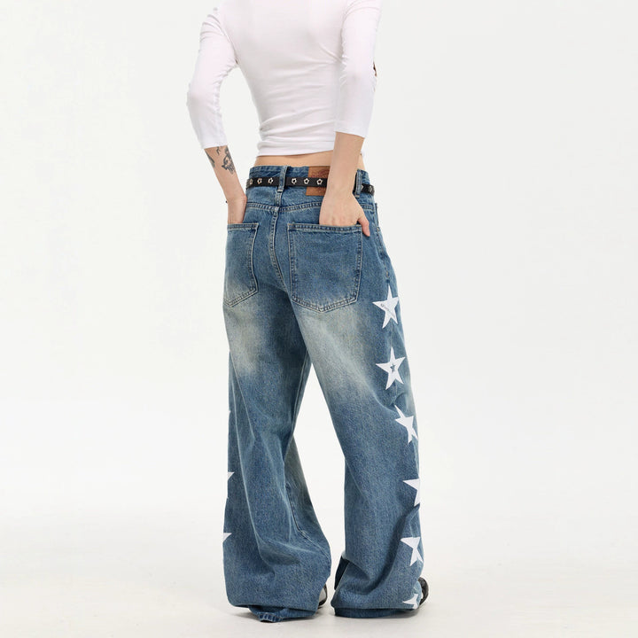 Damen Modische Weitgeschnittene Jeans mit Sternen-Design Drune