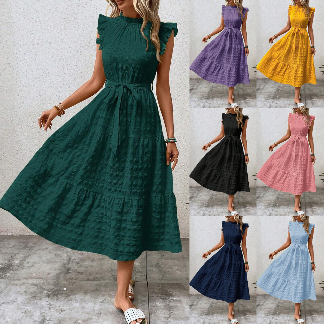 Damen Midikleid mit Stehkragen, Rüschenärmeln und Taillengürtel Drune