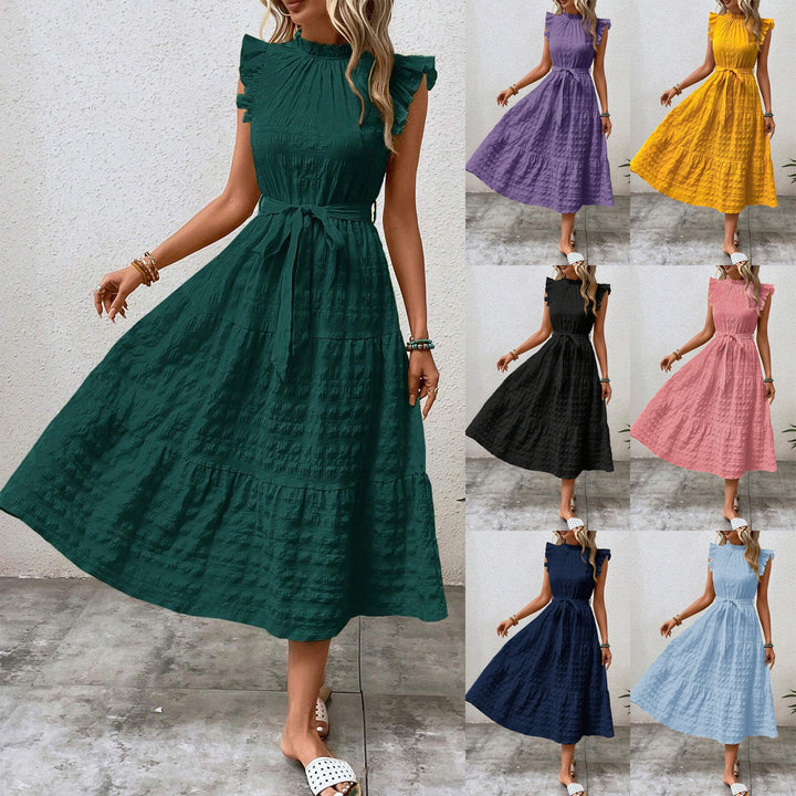 Damen Midikleid mit Stehkragen, Rüschenärmeln und Taillengürtel Drune