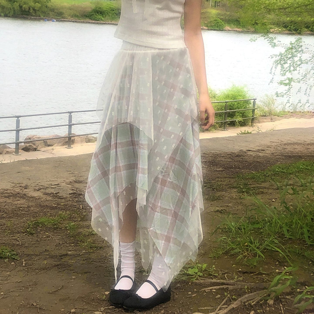 Damen asymmetrischer Lagenrock mit kariertem Unterrock und transparentem Tüll-Overlay Drune