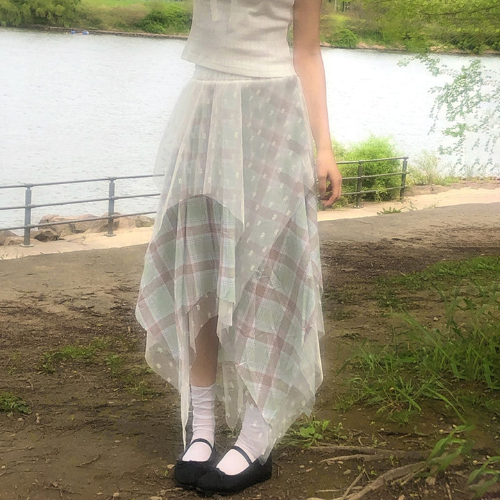 Damen asymmetrischer Lagenrock mit kariertem Unterrock und transparentem Tüll-Overlay Drune