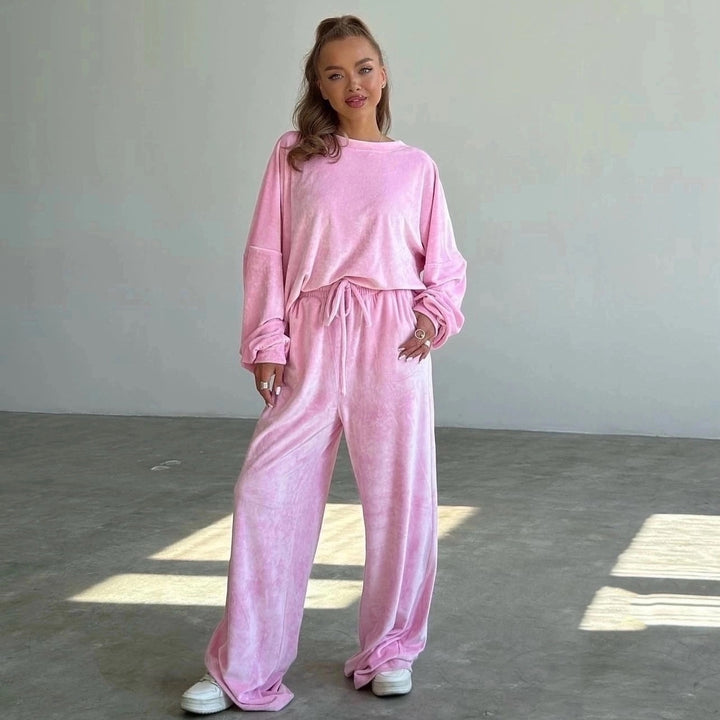 Damen luxuriöses Samt-Relax-Set mit Oversize-Crewneck und hochgeschnittener Gummibund-Jogger Drune
