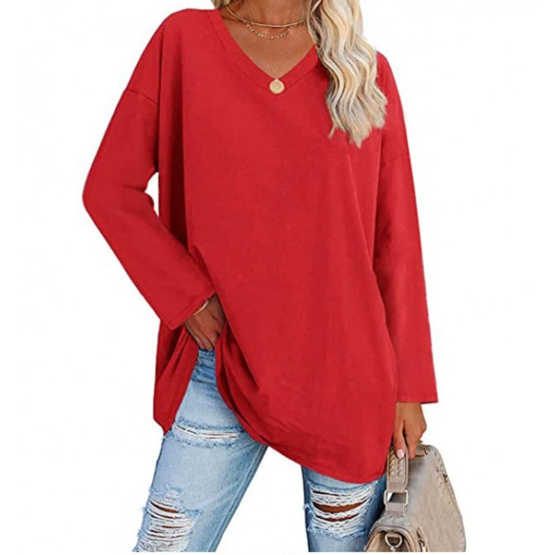 Damen Lässiges V-Ausschnitt Sweatshirt mit langen Ärmeln und asymmetrischem Saum Drune