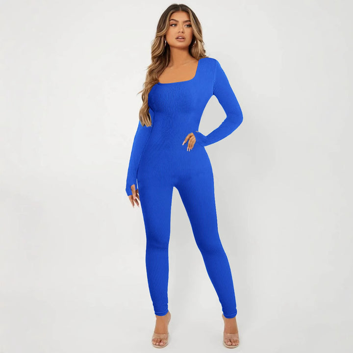 Damen Rippstrick Skinny Jumpsuit mit Quadratischem Ausschnitt, Langen Ärmeln und Daumenloch Drune