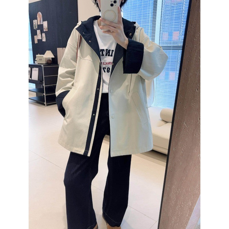 Unisex Oversized utilitarischer Trenchcoat mit kontrastiertem Innenfutter und Kapuze Drune