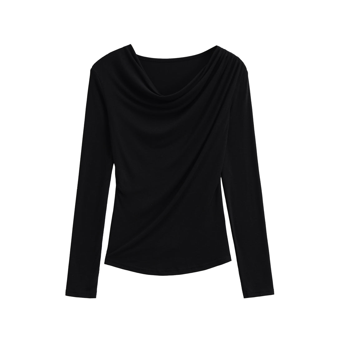 Damen Wasserfallkragen Langarmshirt mit Drapierung und taillierter Wickeloptik Drune