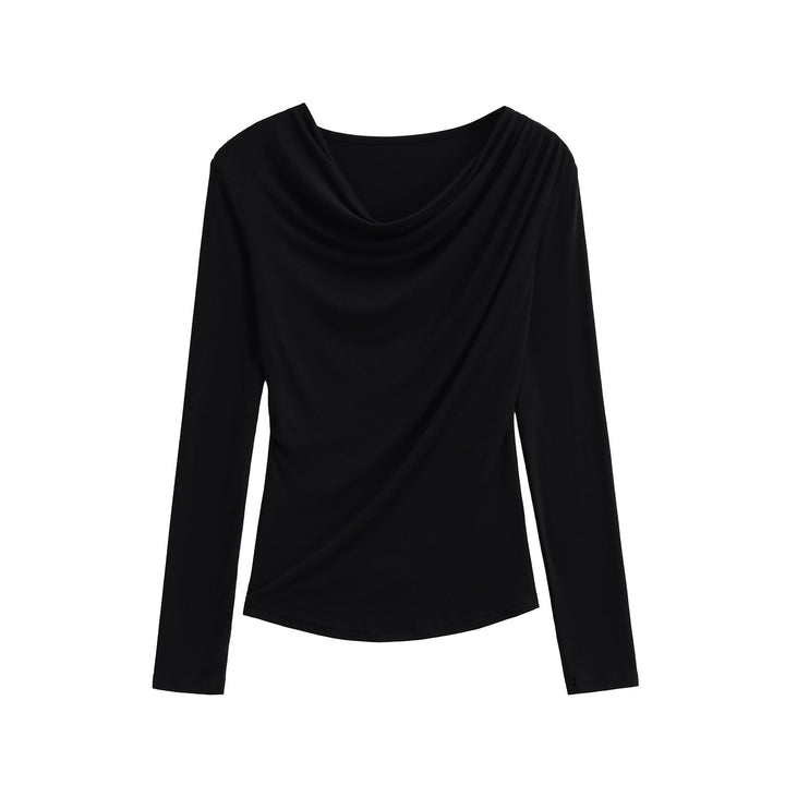 Damen Wasserfallkragen Langarmshirt mit Drapierung und taillierter Wickeloptik Drune