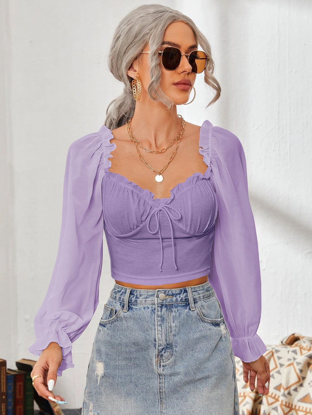 Damen Cropped-Bluse mit Rüschen und eleganten Puffärmeln Drune