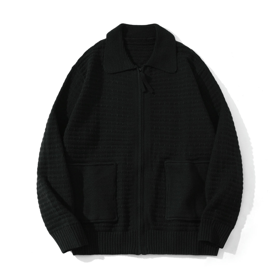 Unisex Strukturiertes Zip-Strickcardigan mit großem Reverskragen Drune