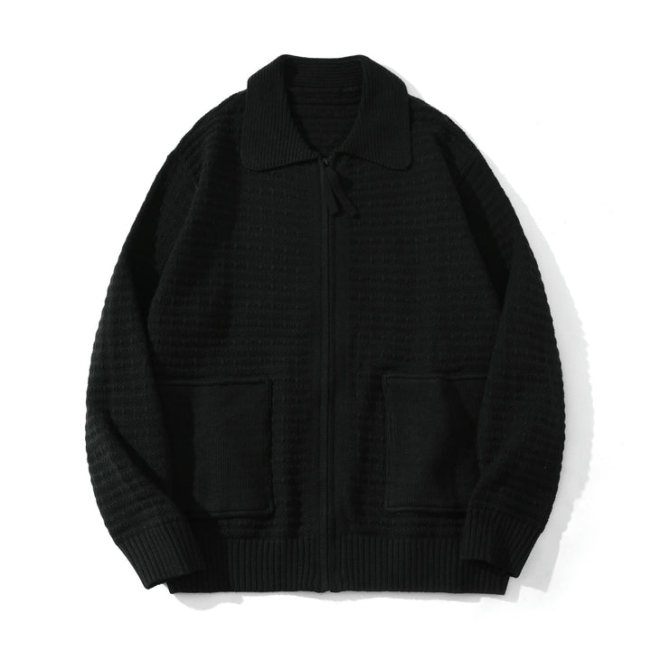 Unisex Strukturiertes Zip-Strickcardigan mit großem Reverskragen Drune
