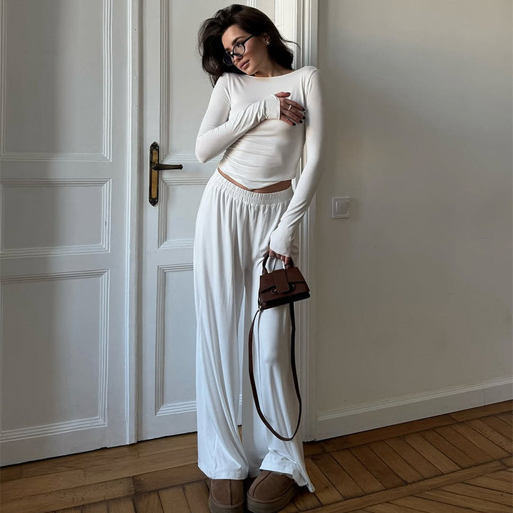 Damen Loungewear Set aus langärmligem Oberteil und weit geschnittenen Hosen Drune