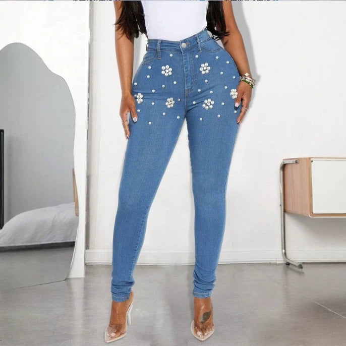 Damen Hochtaillierte figurformende Skinny-Jeans mit Perlenblüten-Applikation Drune