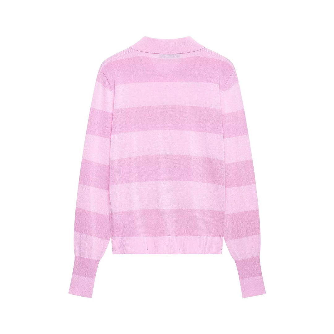 Damen Gestreifte Feinstrick-Cardigan mit Polokragen und bezogenen Knöpfen Drune