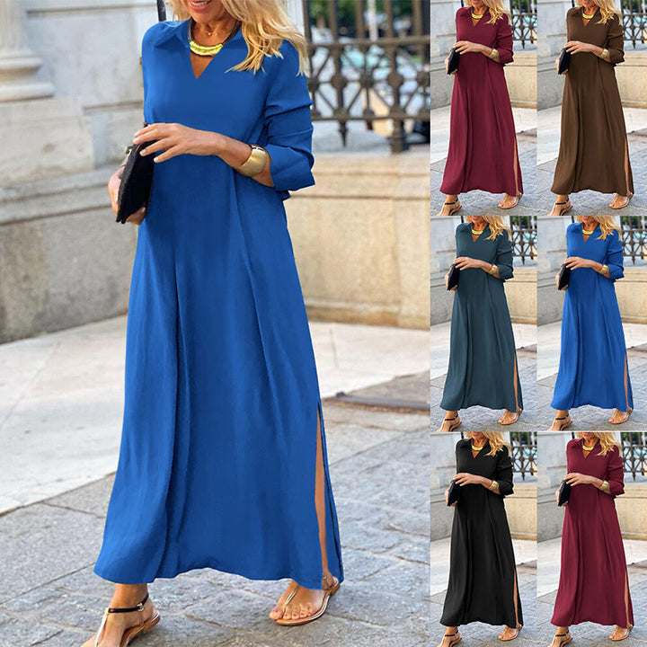 Frauen Langes Maxi-Kleid mit V-Ausschnitt, seitlichen Schlitzen und lässiger A-Linien Silhouette Drune