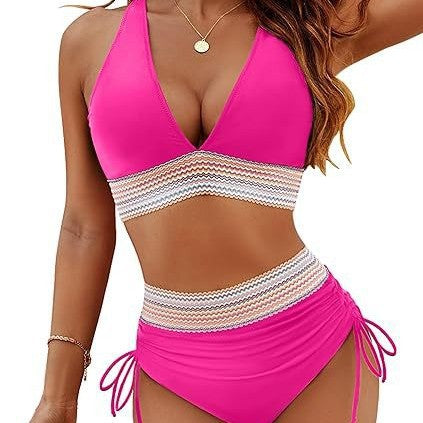 Damen Hoch tailliertes Bikini-Set mit modischen Bindebändern Drune