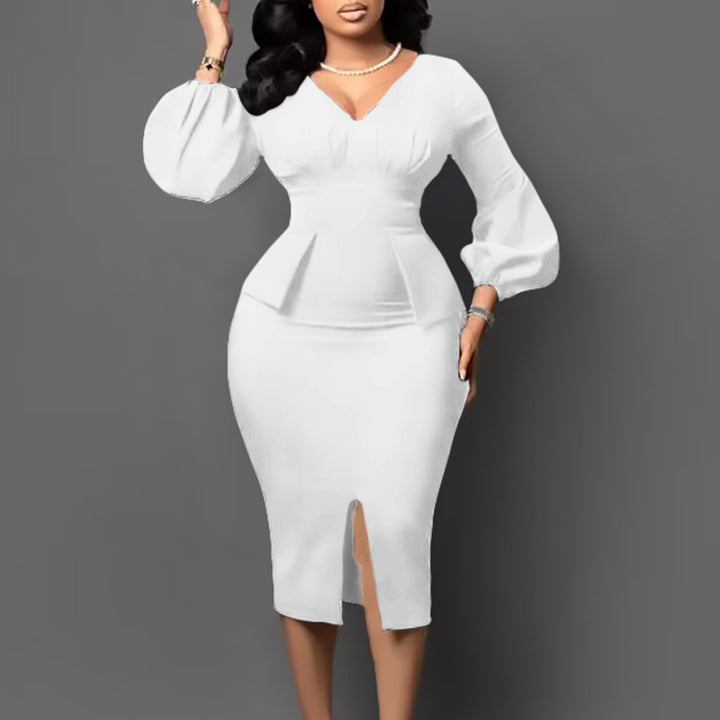 Damen Figurbetontes Midi-Kleid mit Puffärmeln und Schlitz Drune
