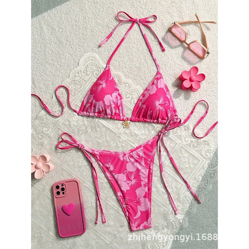 Damen Triangel-Bikini mit floralen Mustern und feinen Bindebändern Drune