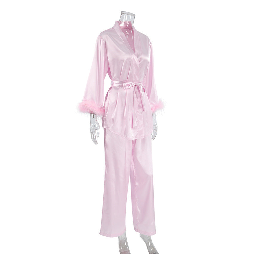Damen elegantes Satin-Pyjama-Set mit modischen Federdetails Drune