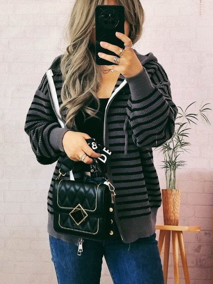 Damen lässiger Hoodie mit gestreifter Struktur und praktischen Taschen Drune