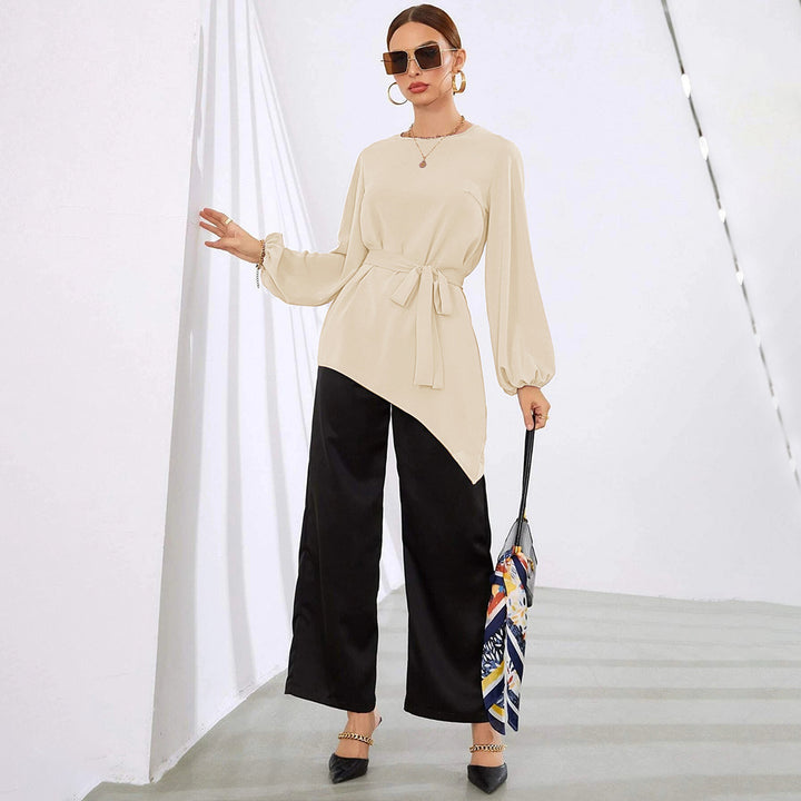 Damen asymmetrische Tunika-Bluse mit Ballonärmeln und Taillengürtel Drune
