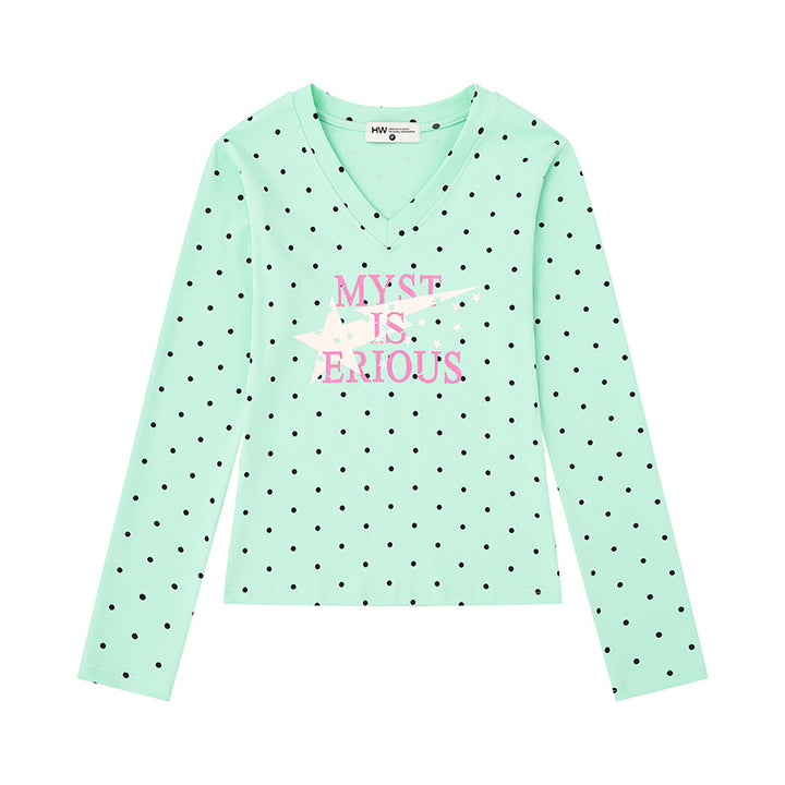 Damen Langarmshirt mit V-Ausschnitt, Polka-Dots und Statement-Print aus Baumwolljersey Drune