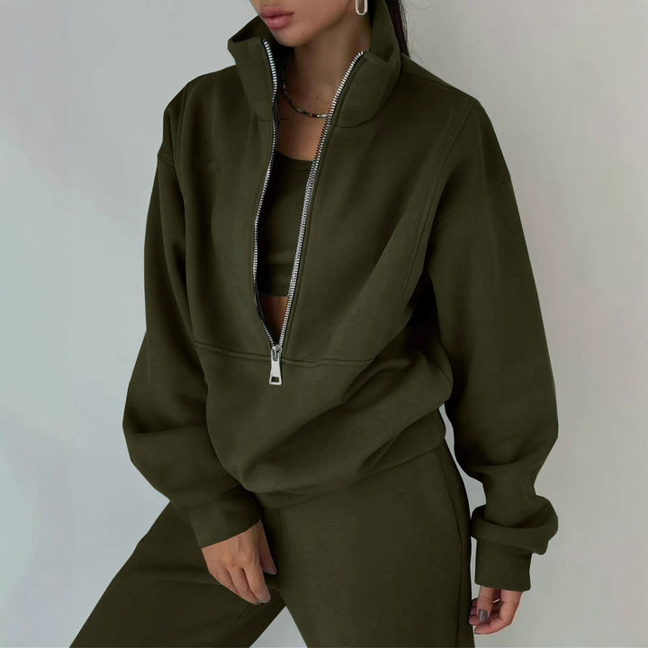 Damen Oversized Halbzip-Sweatshirt mit Stehkragen und passender High-Waist-Jogginghose Drune