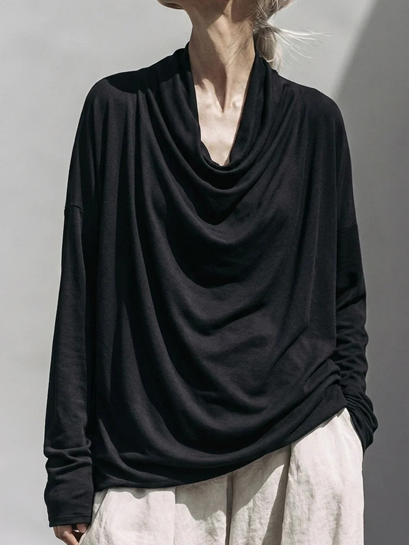 Damen Drapiertes Oversize-Langarmshirt mit Wasserfallkragen Drune