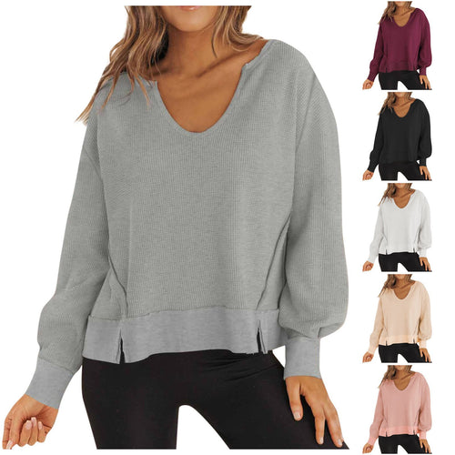 Damen lässiger Waffel-Pullover mit V-Ausschnitt und seitlichen Schlitzen Drune