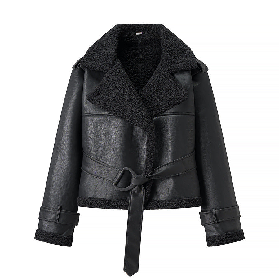Damen trendige Bikerjacke mit Kunstfellkragen und Gürtel Drune