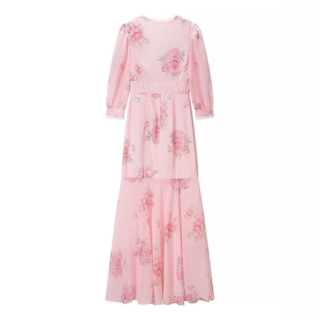 Damen Maxikleid mit V‑Ausschnitt, Empire‑Schnitt und floraler Chiffonoptik Drune