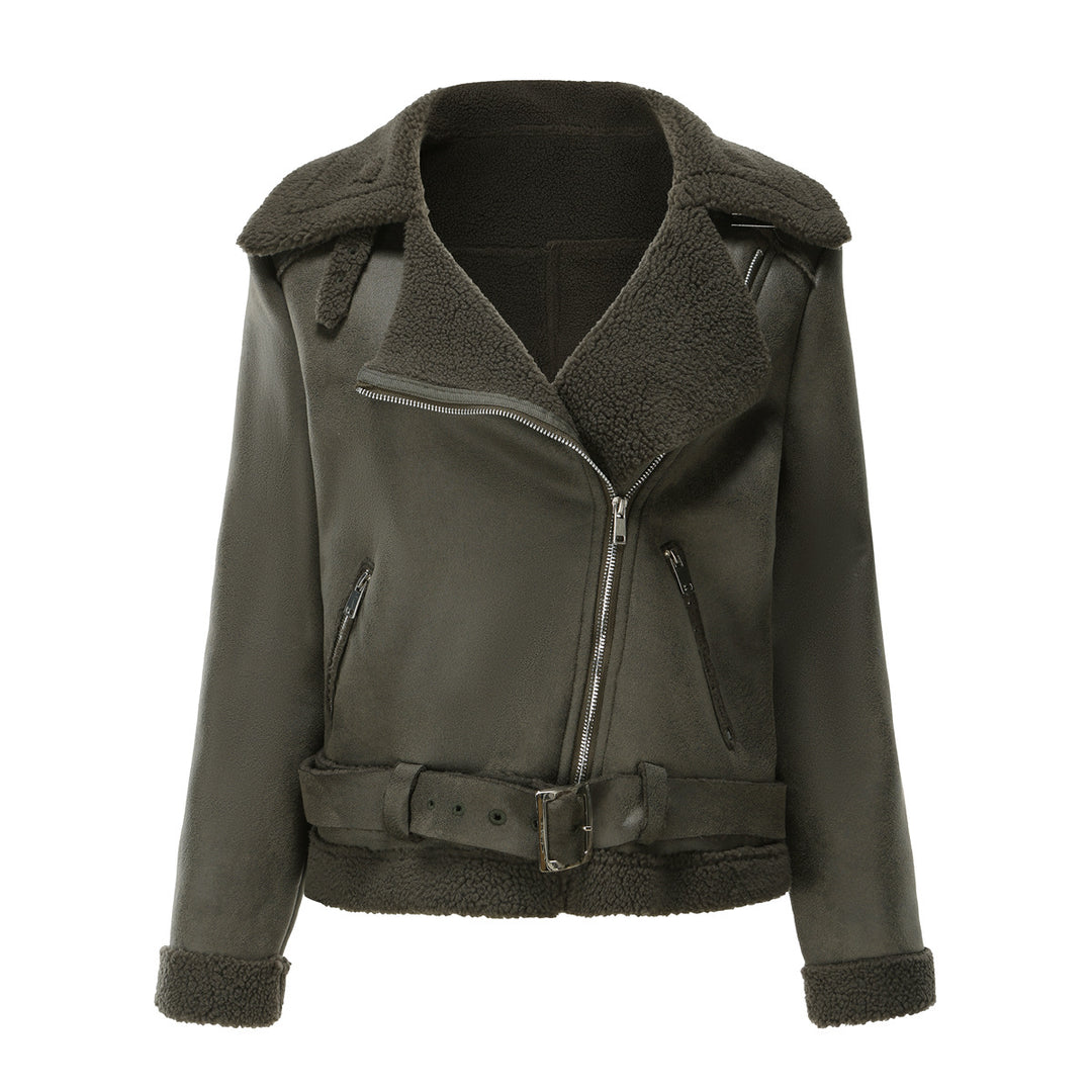 Damen modische Lammfelljacke mit asymmetrischem Reißverschluss und Taillengürtel Drune
