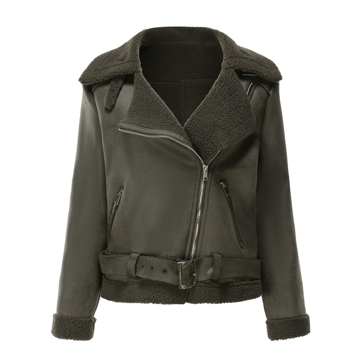 Damen modische Lammfelljacke mit asymmetrischem Reißverschluss und Taillengürtel Drune