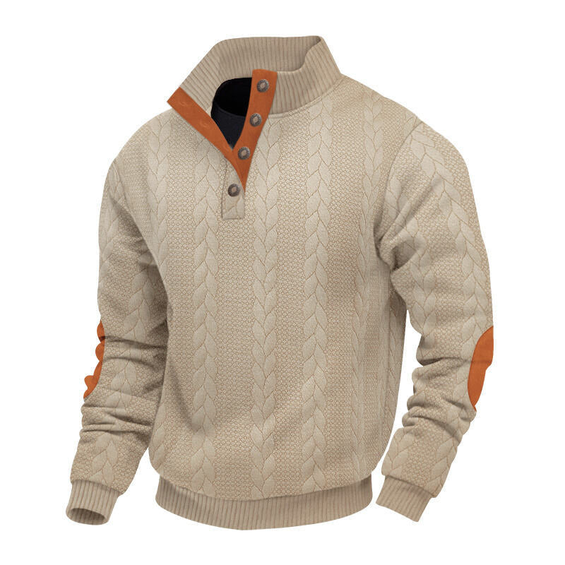 Herren nan grober Zopfstrick Troyer mit Knopfleiste und Veloursleder-Ellenbogenpatches Drune