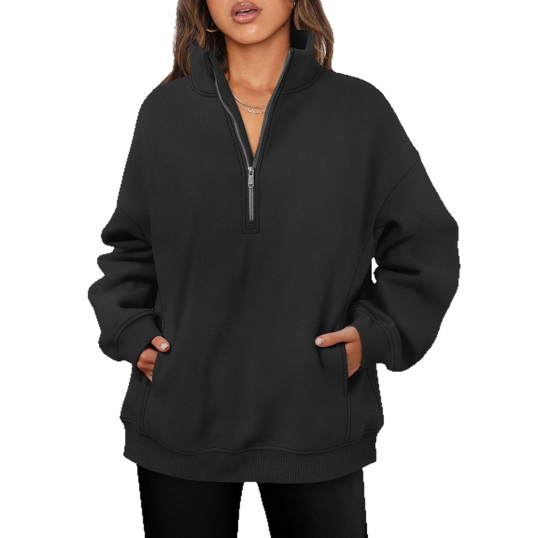 Damen nan oversized Halbzip-Pullover mit Stehkragen, Kängurutasche und Rippbündchen Drune