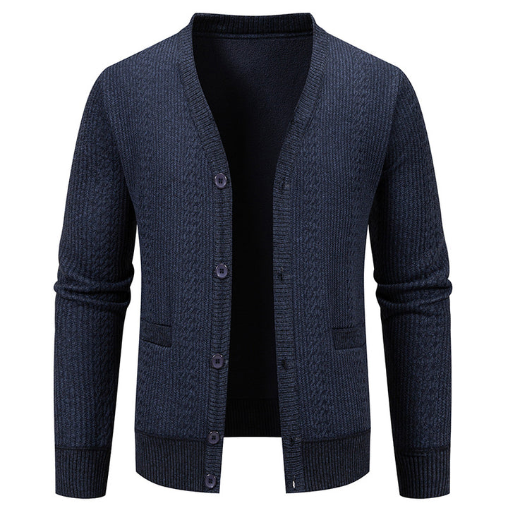 Herren Texturierter V-Ausschnitt Strickcardigan mit Knopfleiste und Eingrifftaschen Drune