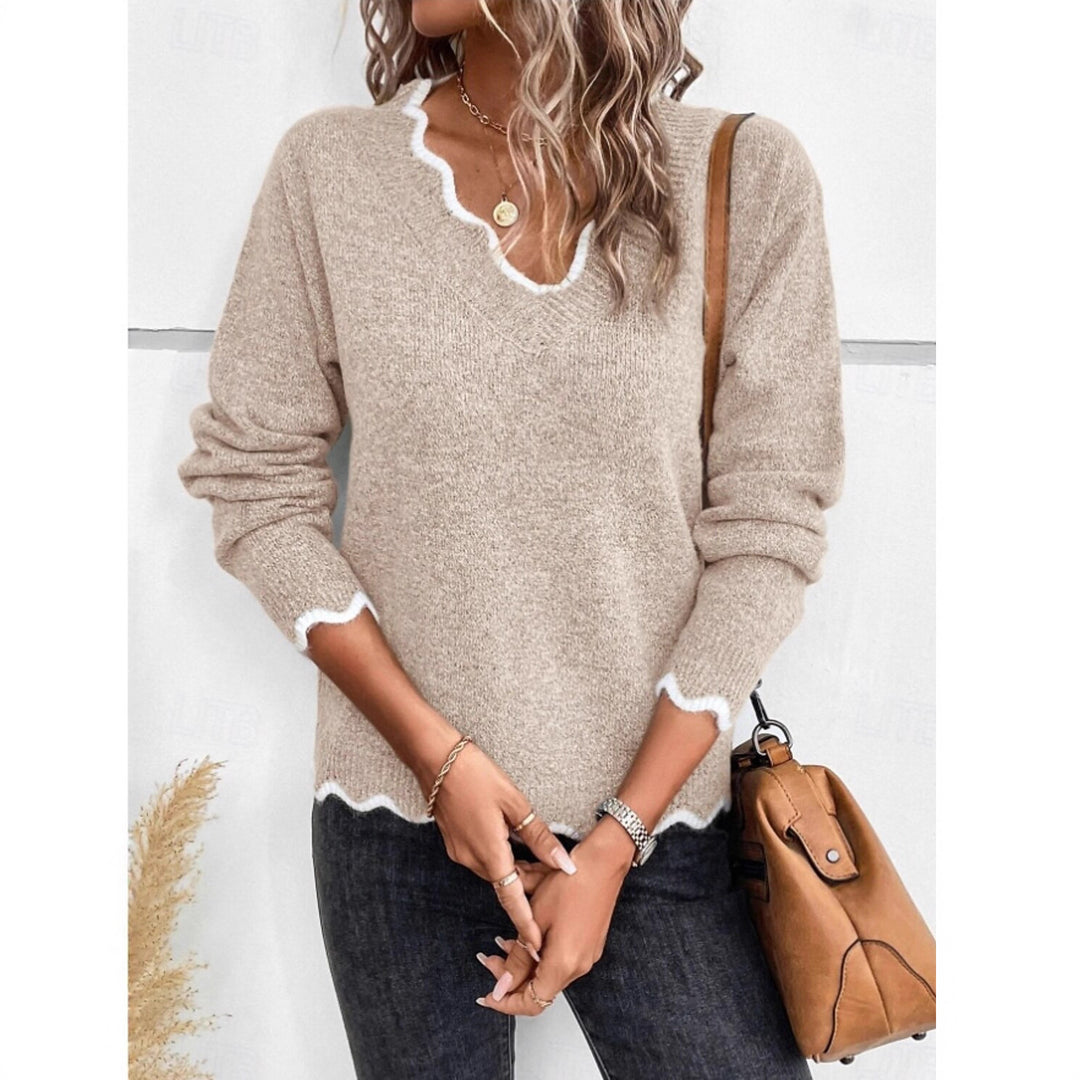 Damen Strickpullover mit wellenförmigem Ausschnitt und kontrastierenden Details Drune