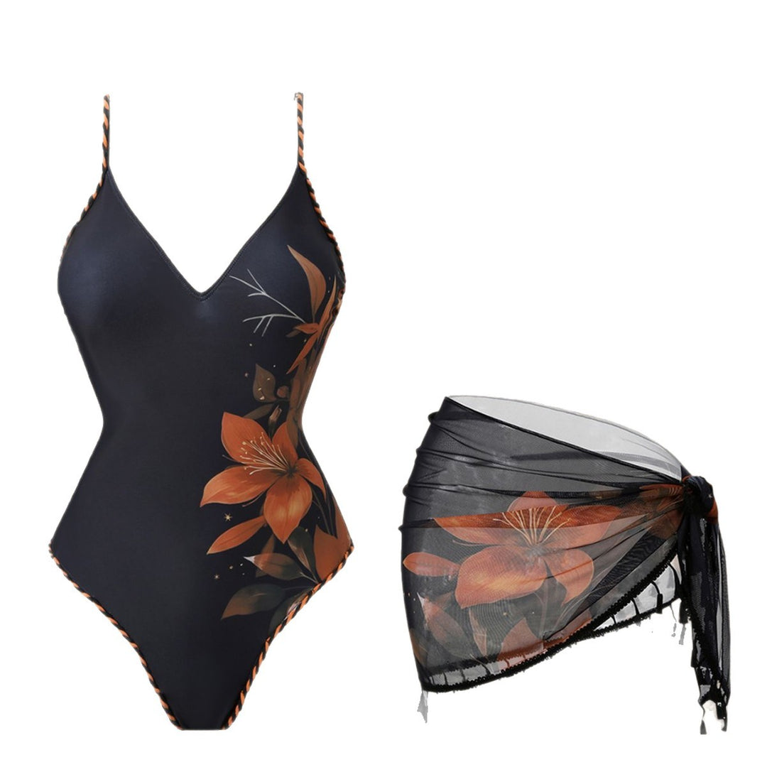 Damen Mode-Badeanzug mit floralem Design und transparentem Wickelrock Drune