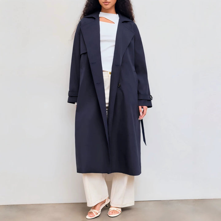 Damen Langer Trenchcoat-Mantel mit weiter Silhouette, Reverskragen und Taillengürtel Drune