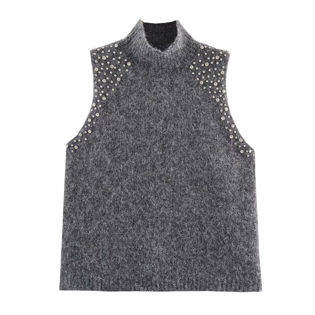 Damen ärmelloses Strickoberteil mit eleganten Perlenverzierungen Drune