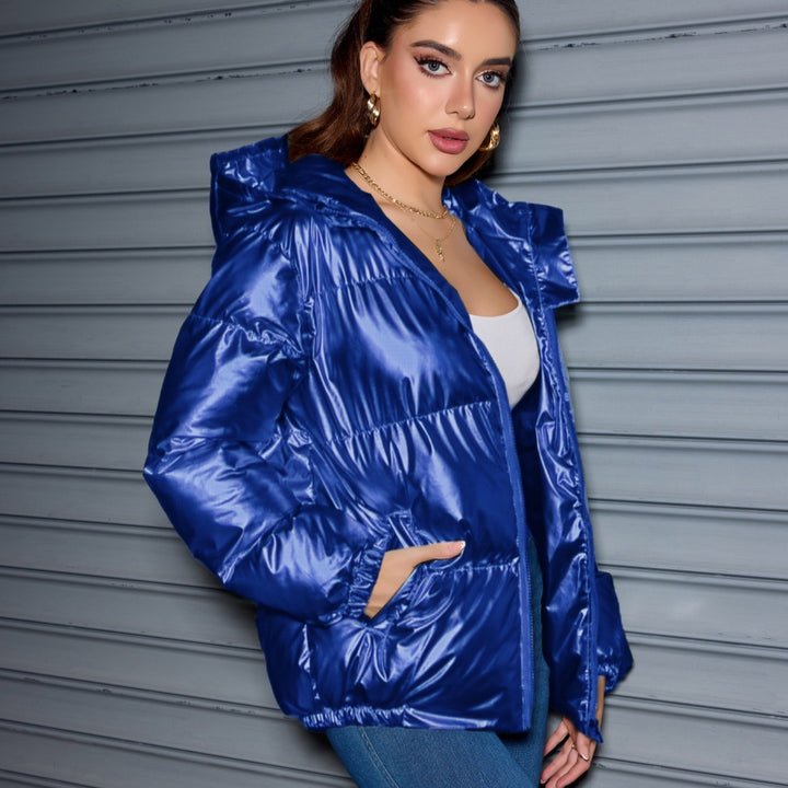 Damen Glänzende Oversize-Steppjacke mit Kapuze & elastischen Bündchen Drune