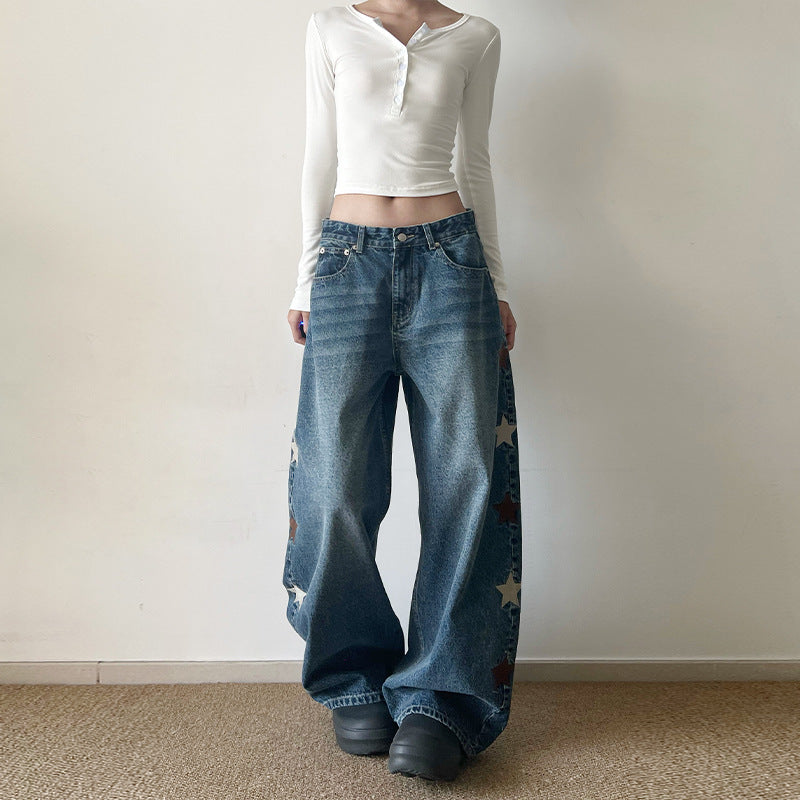 Damen Extraweite Baggy-Jeans mit Stern‑Applikationen und bodenlanger Silhouette Drune