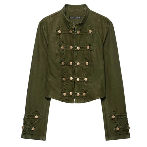 Damen Taillierte Cropped‑Militärjacke mit Zierknopfleiste und Stehkragen Drune