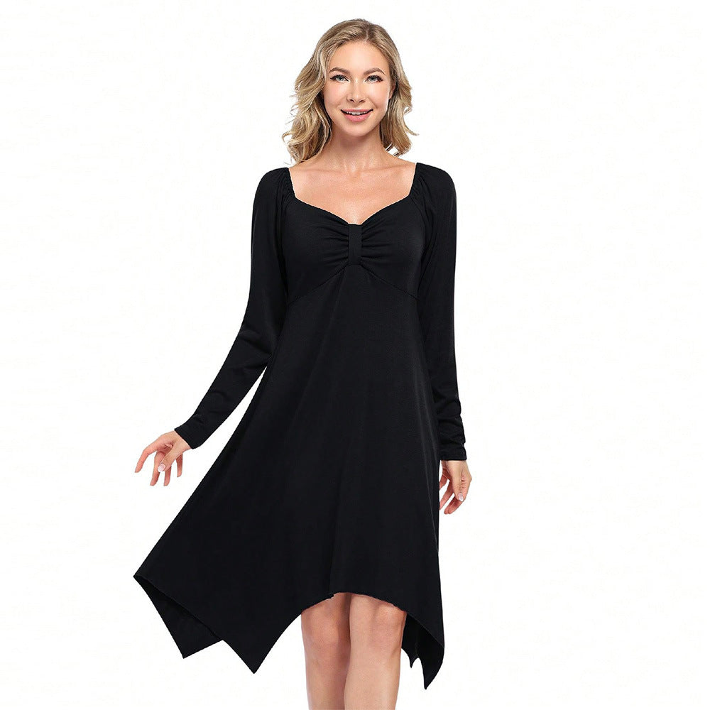 Damen asymmetrisches Longsleeve-Kleid mit gerafftem Bustier, Empire‑Naht und Zipfelsaum Drune