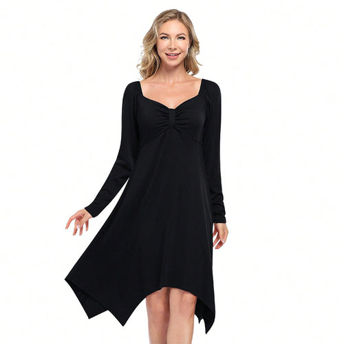 Damen asymmetrisches Longsleeve-Kleid mit gerafftem Bustier, Empire‑Naht und Zipfelsaum Drune