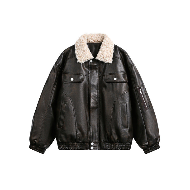 Herren Aviator-inspirierte Kunstleder‑Blousonjacke mit Teddy‑Umlegekragen und Ärmel‑Utilitytasche Drune