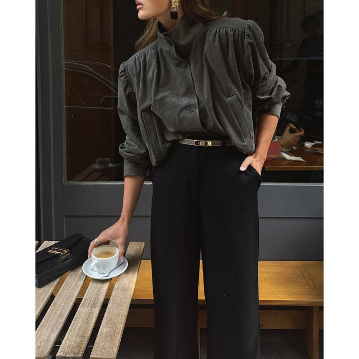 Damen elegante Jacke mit strukturierten Puffärmeln und Knopfdetail Drune