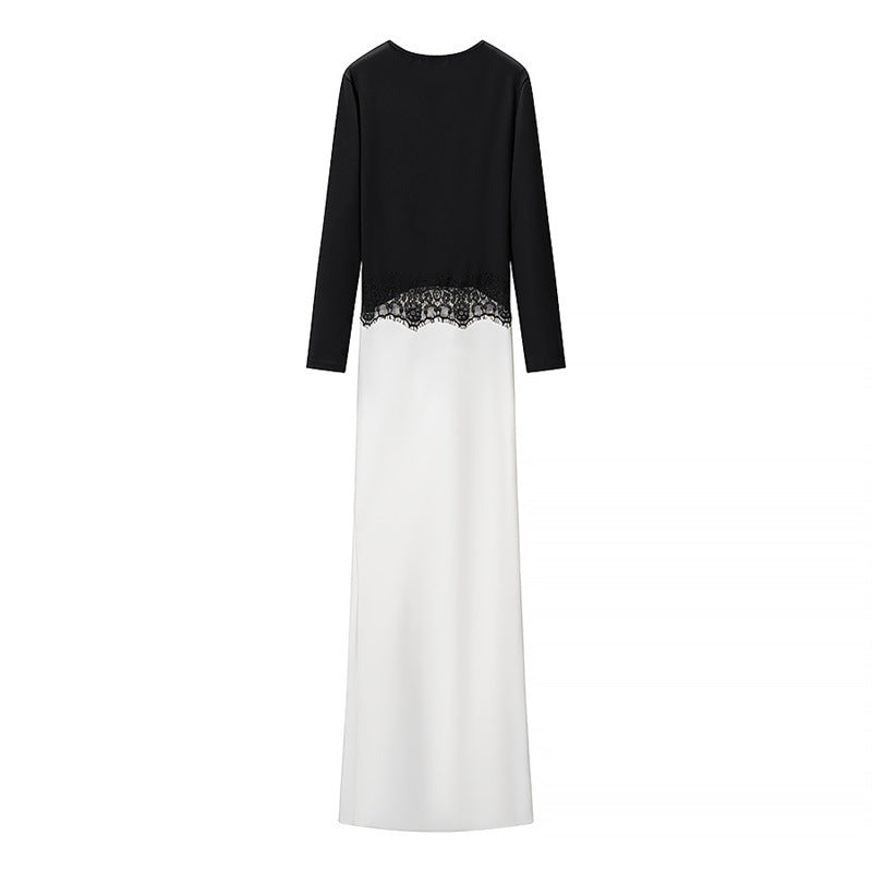 Damen Zweiton-Maxikleid mit geraffter V‑Passe, Spitzenbesatz und langen Ärmeln Drune