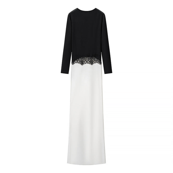 Damen Zweiton-Maxikleid mit geraffter V‑Passe, Spitzenbesatz und langen Ärmeln Drune